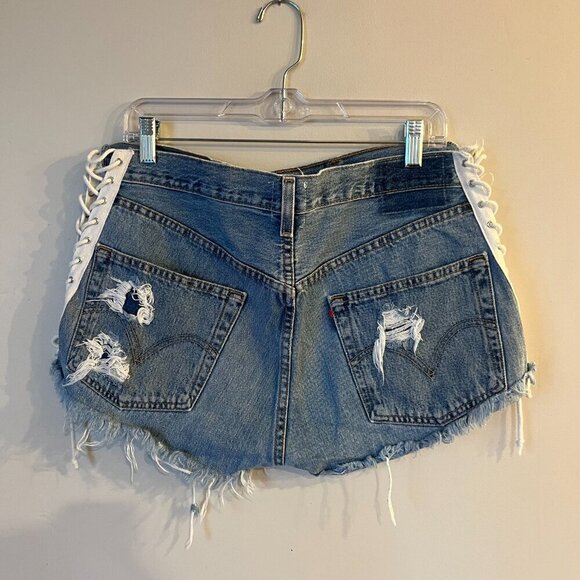 FURST OF A KIND Women's Levi's Upcycled Lace Up Side Distressed Jean Shorts - Picture 2 of 4